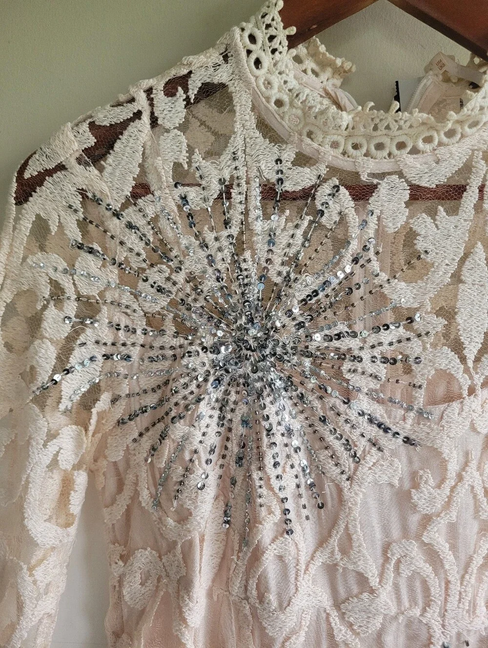 Free People Lace Embroidered Sequinned Long-Sleeve Mini Dress Cream 4 Boho